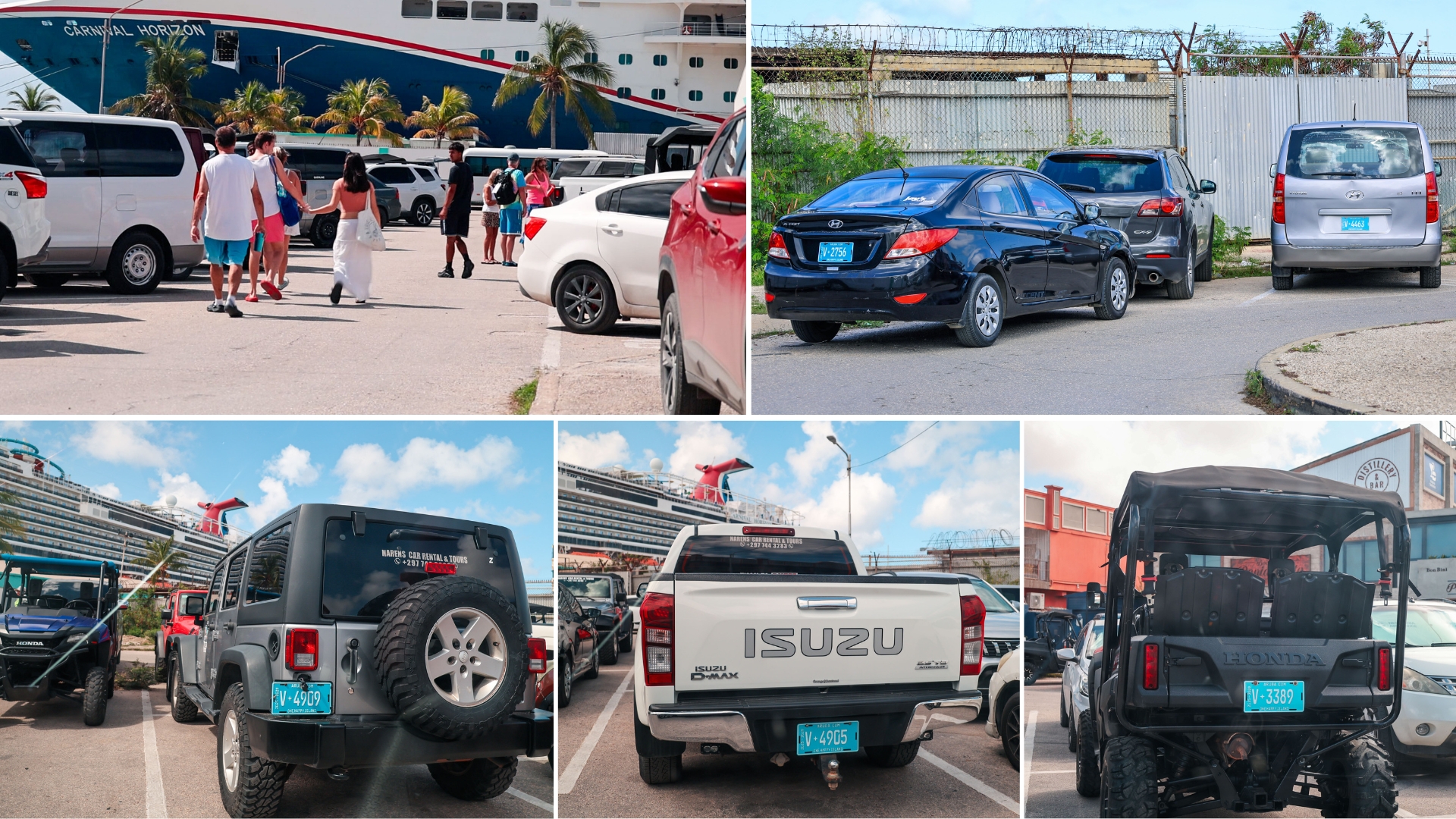 Rental cars crowd Oranjestad wharf parking lot